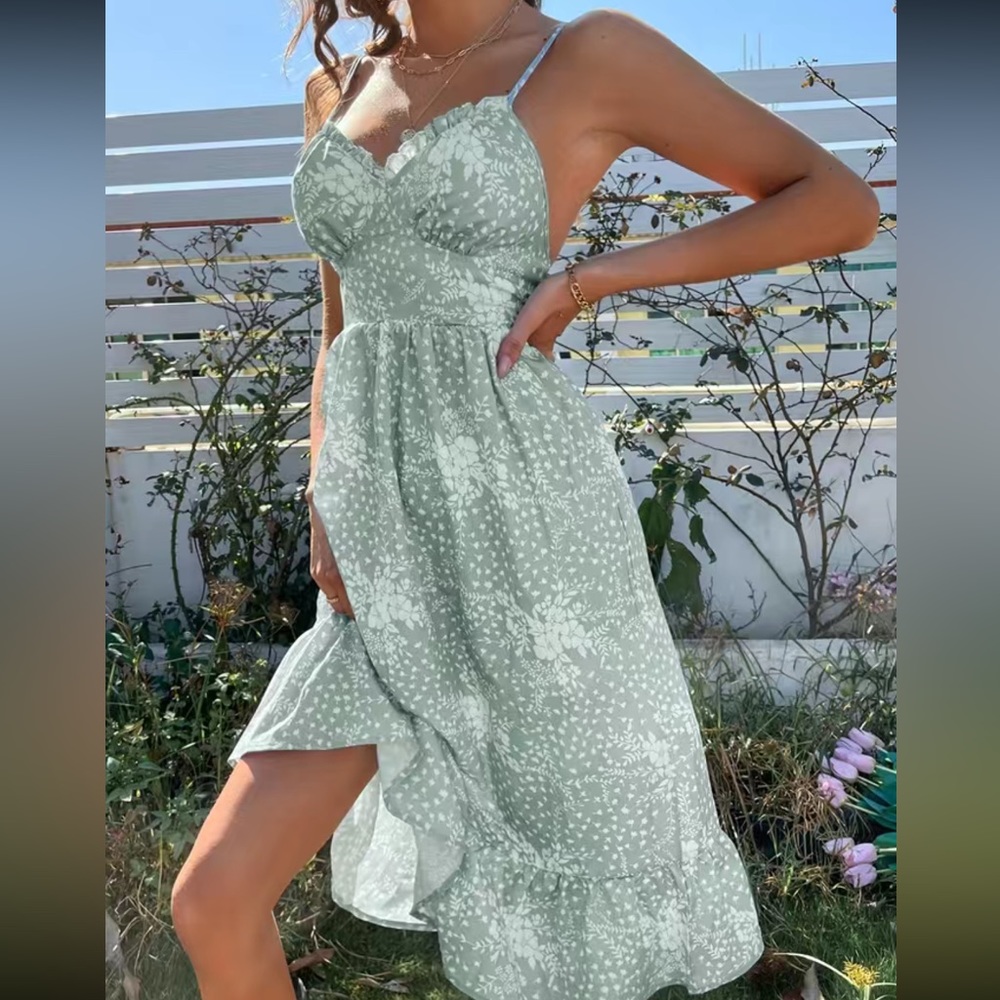 Boho floral print ruffle cami dress sage - Picture 4 of 5